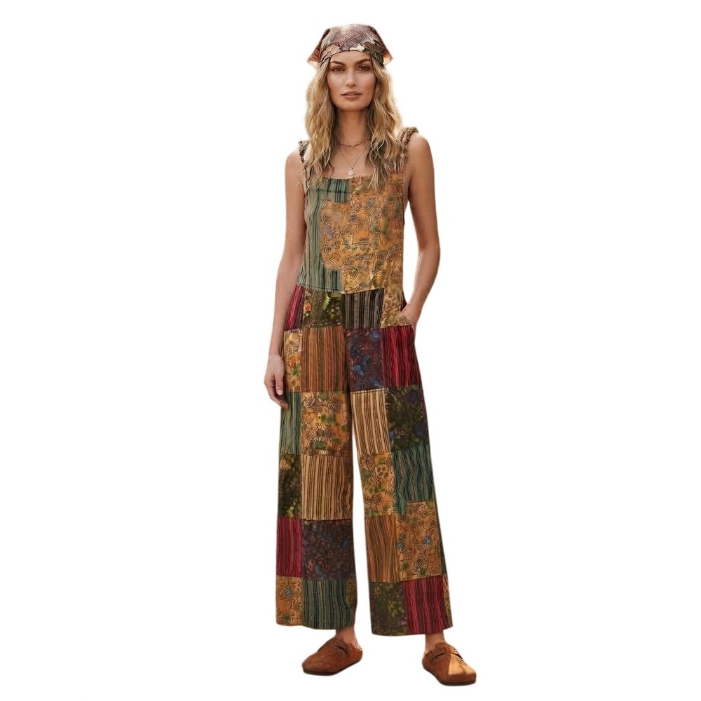 Kathman Imports Patchwork Mushroom Jumpsuit Cotton Boho Wide Leg Nepal Large